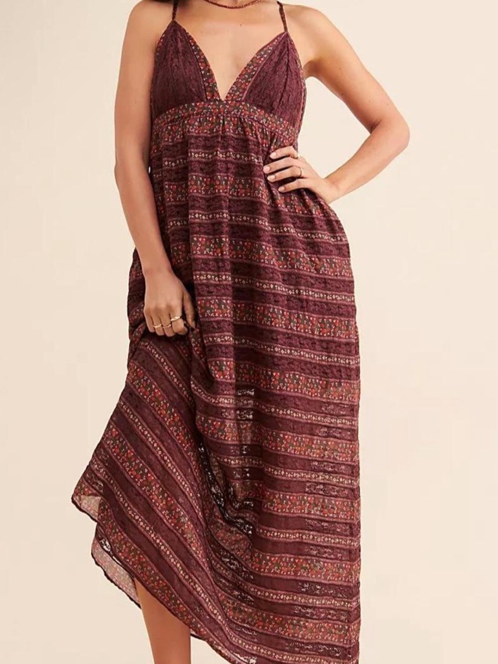 Free People Bohemian Floral Strappy Maxi Dress in Burgundy